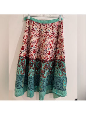 Vintage Magic Boho Patchwork Midi Skirt Teal & Red Floral Sequin Paisley XS-S